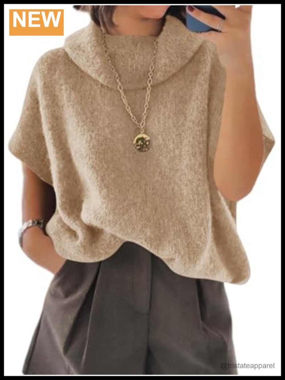 Oversized Turtleneck Sweater Short Sleeve Chunky Knit Pullover